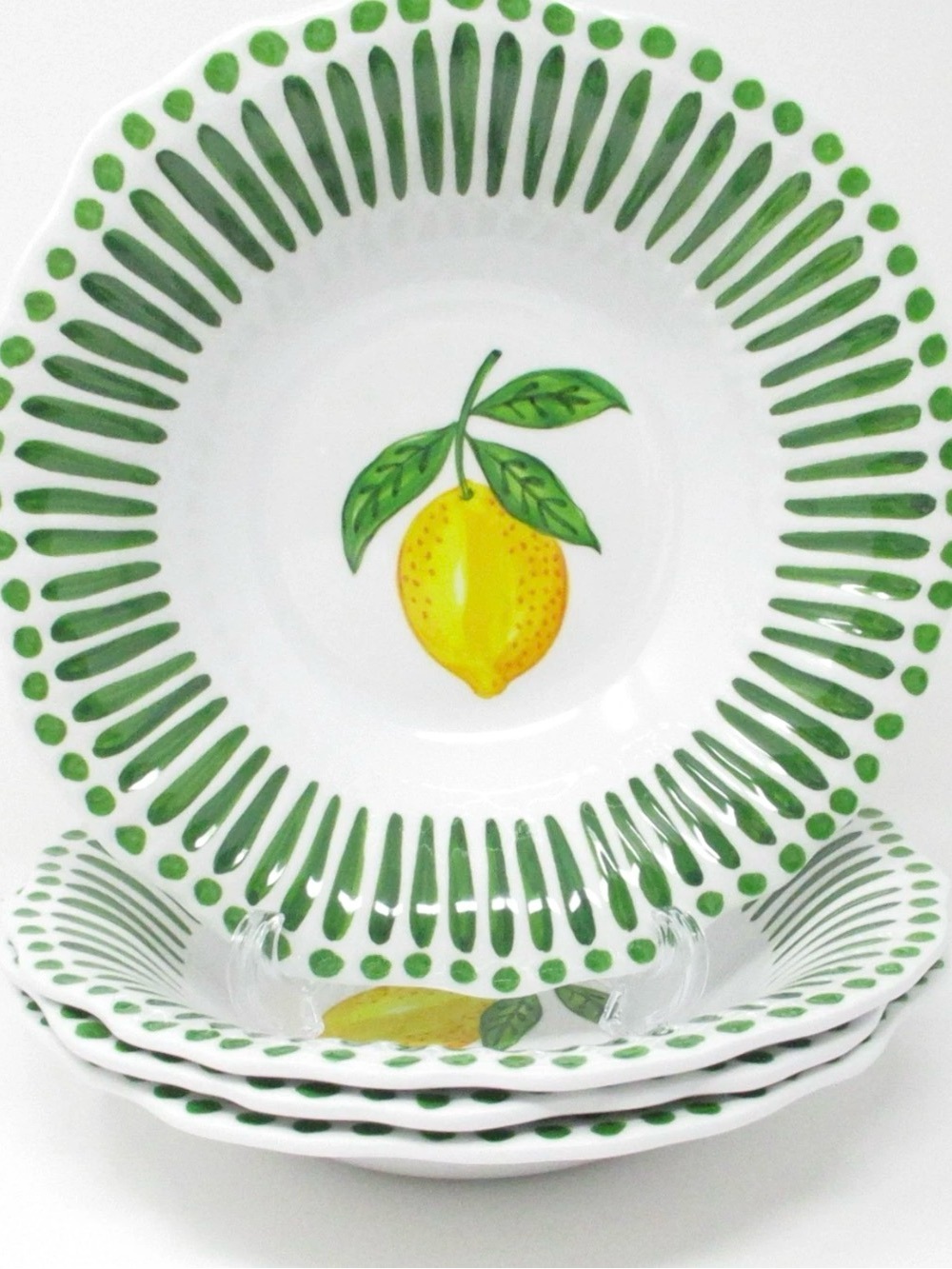 The Farmhouse Melamine Bowls 4pc Set Lemon & Green Stripe 9.5 ruffle edge